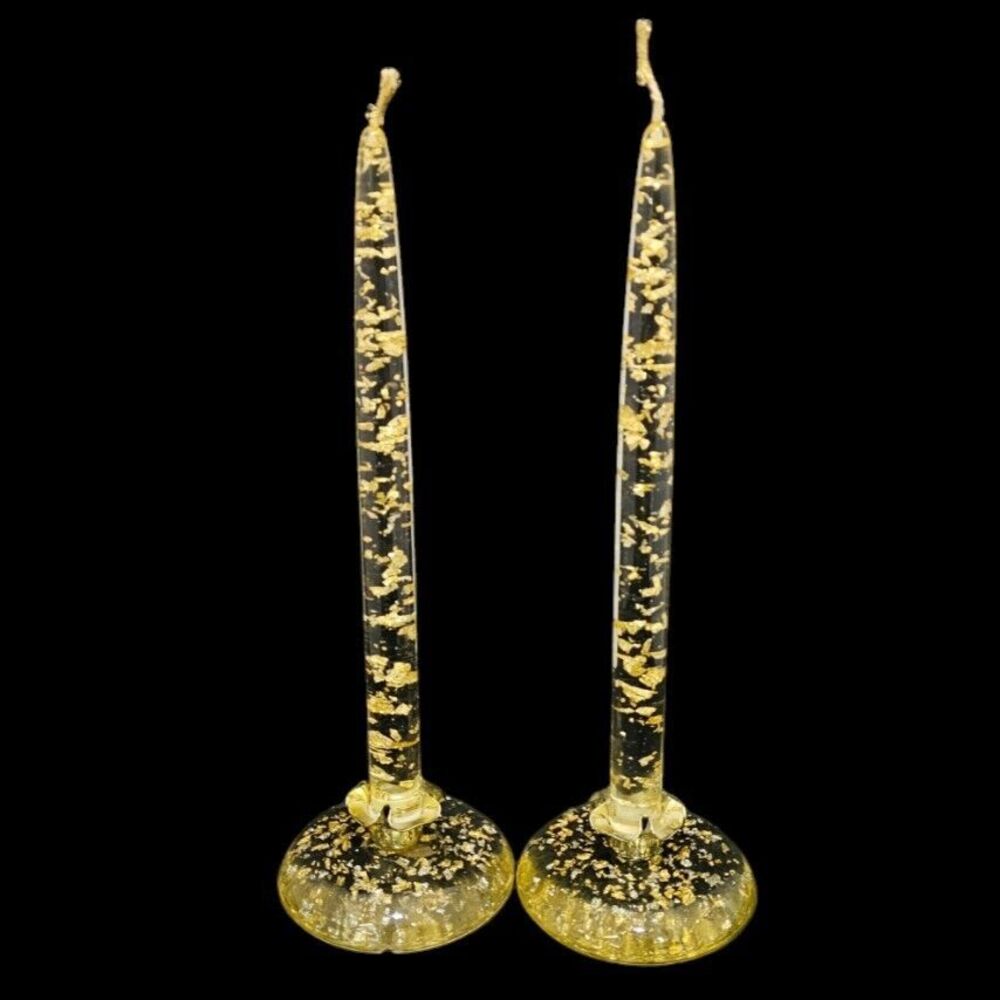 Vintage Set Of 2 Hempstead USA MCM Lucite Candles Gold Leaf Confetti Stand Decor